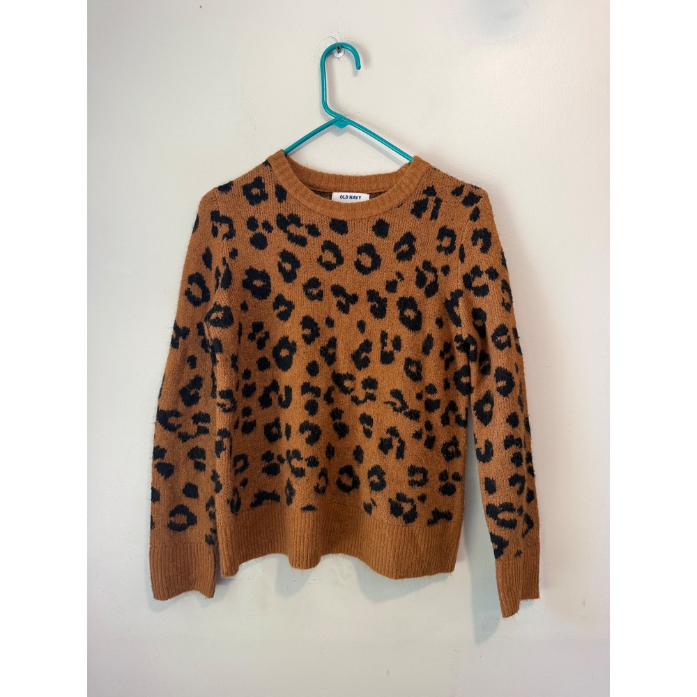 Old Navy Womens Leopard Print Crewneck Sweater Brown Black Animal Knit Small